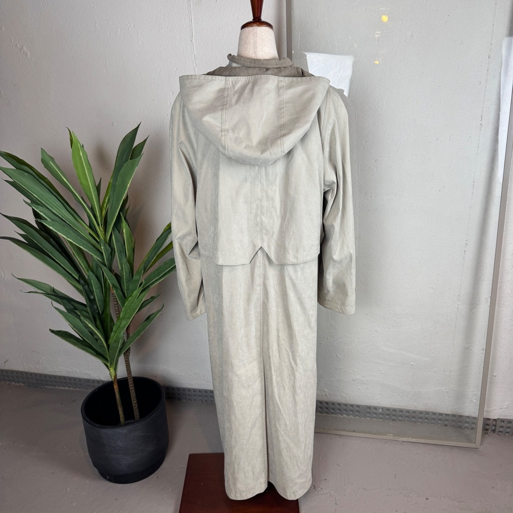 Vintage Beige Hooded Trench Coat Longline Belted Oversized Raincoat Womens 14P - Picture 5 of 12
